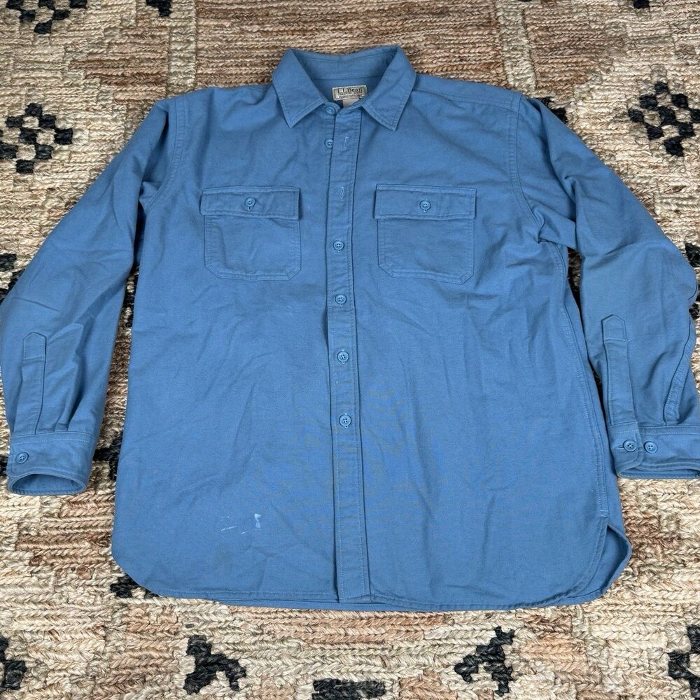 LL Bean Shirt Large Blue Chamois Cloth Button Up 187923 Double Pocket Workwear